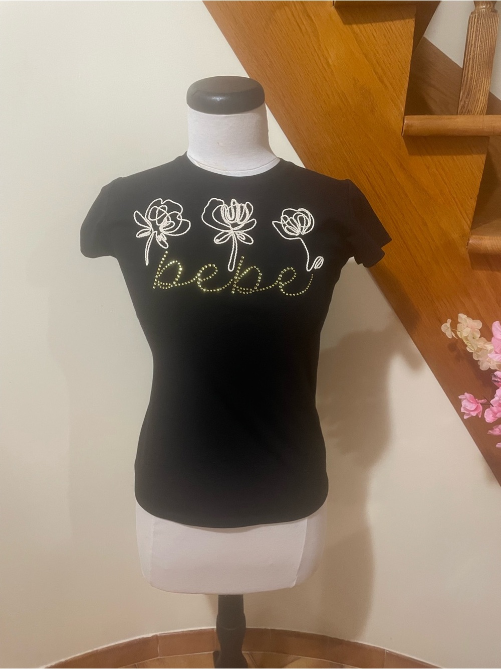 bebe Black Short-Sleeve Tee with White Floral Script and rhinestones